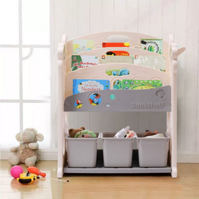 Kids Toy Storage Organizer with 3 Storage Bins and 4 Tier Bookshelf Shelf with Pull Out Drawers For Storing Toys or Snacks
