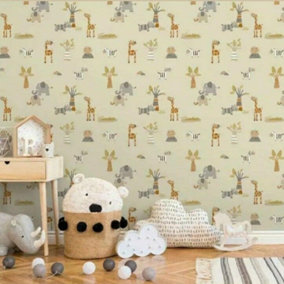 Kids Wallpaper Beige Background with Animals Safari Themed Fun Wall Covering