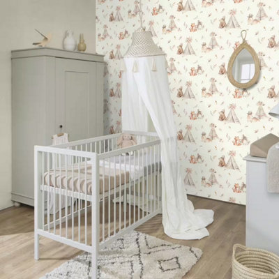 Kids Wallpaper Beige Woodland Animals Teepee Nursery Watercolour Boho