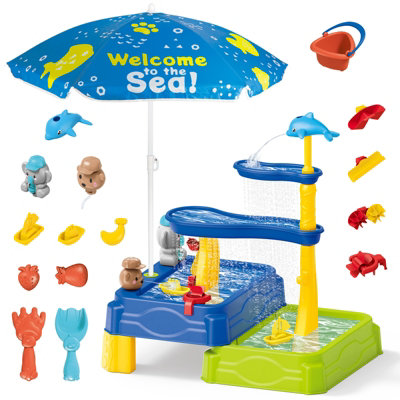 Kids Water Play Table with Umbrella Shade Multi Level Slides, Dolphin ...