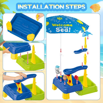 Kids Water Play Table with Umbrella Shade Multi Level Slides, Dolphin ...