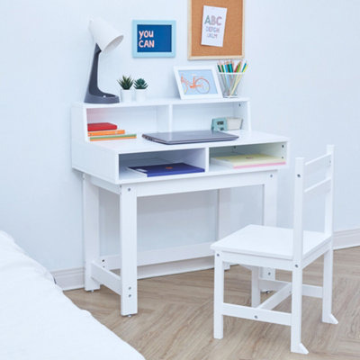Kids Wooden Desk and Chairs Set with Storage on the Table Top - L81 x W44 x H65 cm - White