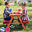 Kids wooden picnic bench with soft cushions - blue/white