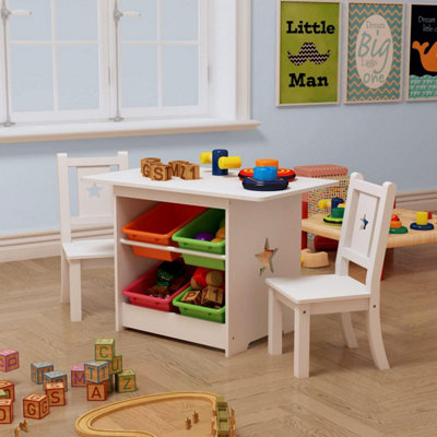 Kids Wooden Table and 2 Chairs Set Children Activity Desk with Storage ...