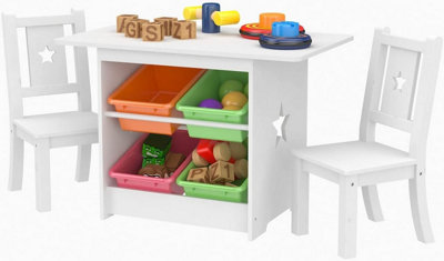 Kids Wooden Table and 2 Chairs Set Children Activity Desk with Storage ...