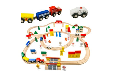 Kids Wooden Train Set 100-Piece City Traffic Railway Toy with Tracks ...