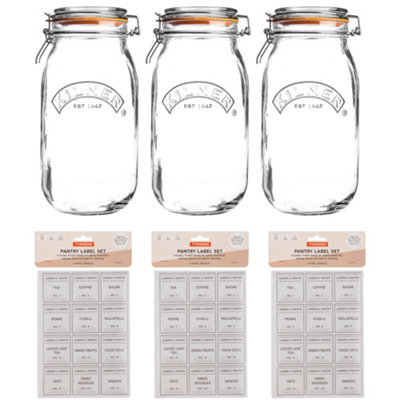 Kilner Clip Top Airtight Glass Jars 2 Litre & Pantry Labels Set