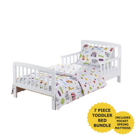 Kinder Valley 7 Piece Toddler Bed Bundle White with Pocket Sprung Mattress - Circus Friends Bedding