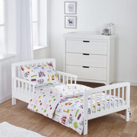Kinder Valley 7 Piece Toddler Bed Bundle White with Spring Mattress - Circus Friends Bedding