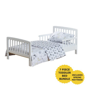 Kinder Valley 7 Piece Toddler Bed Bundle White with Spring Mattress - Safari Friends Bedding