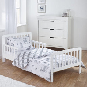 Kinder Valley 7 Piece Toddler Bed Bundle White with Spring Mattress - Woodland Tales Bedding Kids Bedroom Furniture