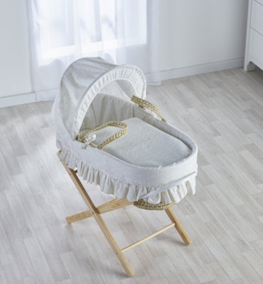 Kinder Valley Broderie Anglaise Cream Palm Moses Basket with Folding Stand Natural