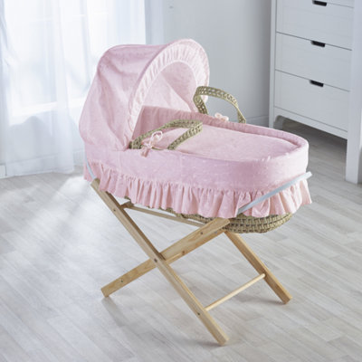 Kinder Valley Broderie Anglaise Pink Moses Basket with Folding Stand Natural