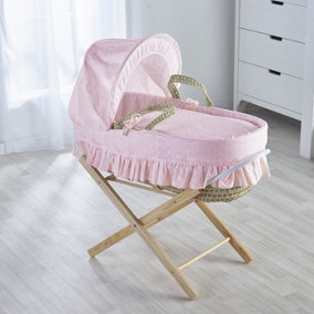 Kinder Valley Broderie Anglaise Pink Moses Basket with Folding Stand Natural