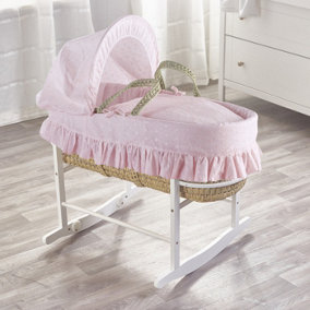 Kinder Valley Broderie Anglaise Pink Palm Moses Basket with Rocking Stand White