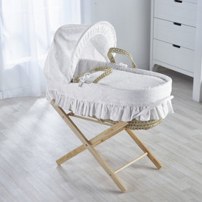 Kinder Valley Broderie Anglaise White Palm Moses Basket with Folding Stand Natural