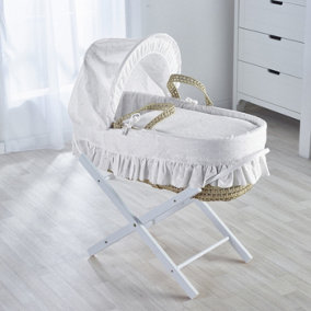 Kinder Valley Broderie Anglaise White Palm Moses Basket with Folding Stand White
