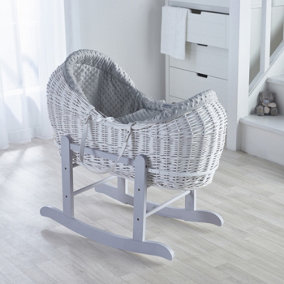 Kinder Valley Grey Dimple White Wicker Pod Moses Basket with Rocking Stand Deluxe Grey