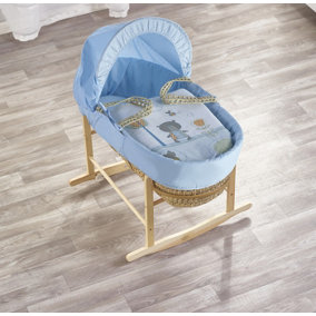 Kinder Valley Tiny Ted Blue Palm Moses Basket with Rocking Stand Natural