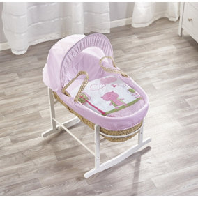 Kinder Valley Tiny Ted Pink Palm Moses Basket with Rocking Stand White
