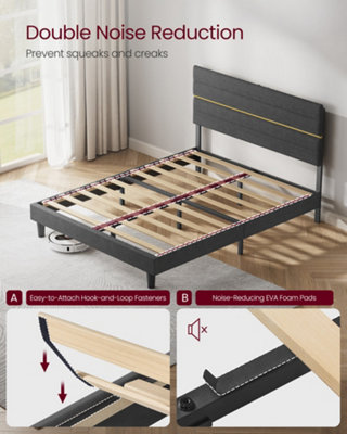 King Bed Frame, for 150 x 200 cm Mattress, Adjustable Upholstered Headboard, Metal Frame, Wooden Slats,