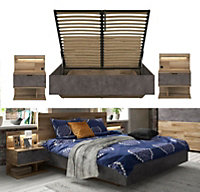 King Bedroom Set Euro 160cm Ottoman Storage 2 Bedsides LED Oak Effect Grey Arica