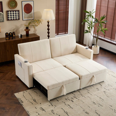 King Size 3-in-1 Pull Out Sofa Bed with Cup Holders Storage