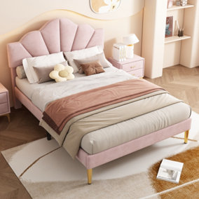 King Size Bed(150x200cm), Shell-like Bed with Golden Iron Legs, Height-adjustable Headboard, Wooden Slatted Frame, Velvet, Pink 