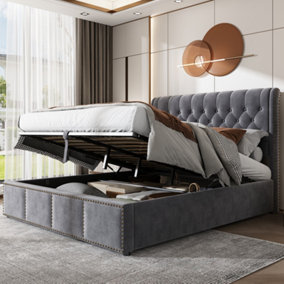 King Size Bed-5ft(150x200cm), Functional Storage bed, Rivet Decoration, without Mattress, Velvet, Grey