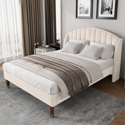 King Size Bed-5ft(150x200cm),with Slatted Frame and Headboard, Youth Bed, Wooden Slatted Support, Easy Assembly, Velvet, Beige 