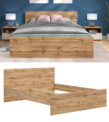 King Size Bed Frame High Headboard Euro 160cm Solid Wood Slats Oak Effect Zele