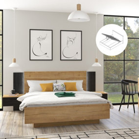 King Size Bed Frame Ottoman LED Bedsides Lift Up Storage Luxury Oak Black Maio