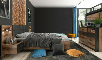 King Size Bed Luxury Euro Frame with Bedsides Cabinet LED Lights & Sideboard Oak Black Bedroom Furniture Kassel