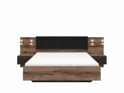 King Size Bedroom Furniture Set Luxury Storage Bed Sliding Wardrobe Bedside Units Oak Black USB Charger LED Light Kassel
