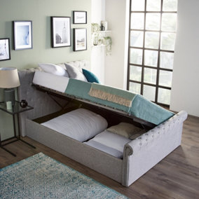 King Size Grey Upholstered Cross Lift Ottoman Sleigh Bed With Deluxe Sprung King Size Mattress