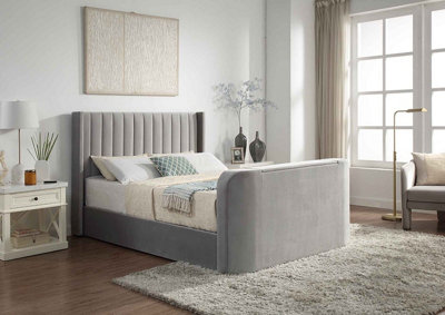 KING Size Grey Velvet Ottoman TV Bed With Storage Smart Bed With