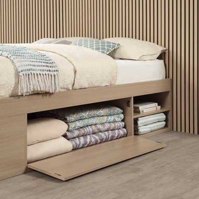 King Size Platform Bed With 4 x 240cm Oak Acoustic Wall Panel