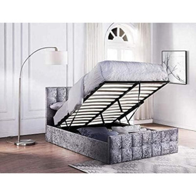 King Size Silver Crushed Velvet Ottoman Storage Bed Frame