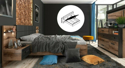 King Size Storage Bed Luxury Euro Ottoman Frame with Bedsides Cabinet LED Lights & Sideboard Oak Black Bedroom Furniture Kassel