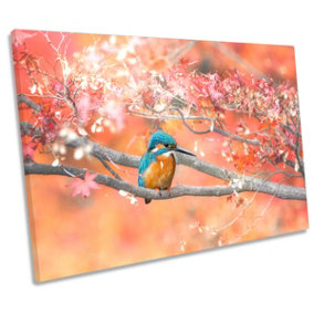 Kingfisher Bird Pink Autumn Leaves CANVAS WALL ART Print Picture (H)30cm x (W)46cm