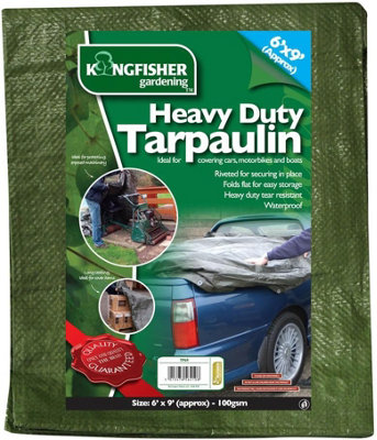 Kingfisher TP69 6ft x 9ft Heavy Duty Tarpaulin, 100 GSM Waterproof Cover Sheet, Dark Green, Tear-Resistant Ground Sheet