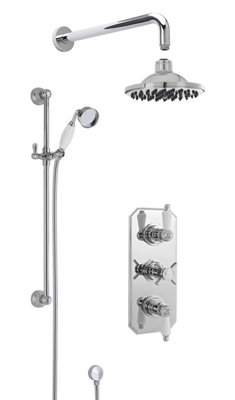 Kingsey Traditional Concealed Triple Valve with Bevelled Back Plate Shower Set with Slide Rail Kit, Arm & Head- Chrome - Balterley