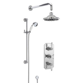 Kingsey Traditional Concealed Triple Valve with Bevelled Back Plate Shower Set with Slide Rail Kit, Arm & Head- Chrome - Balterley
