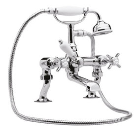 Kingsey Traditional Deck Mounted Luxury Cranked Bath Shower Mixer Tap with Shower Kit - Chrome/White - Balterley