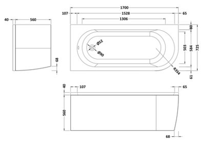 Kingsley Left Hand Back to Wall Corner J Shaped Bath Tub and Panel - 1700mm - Balterley