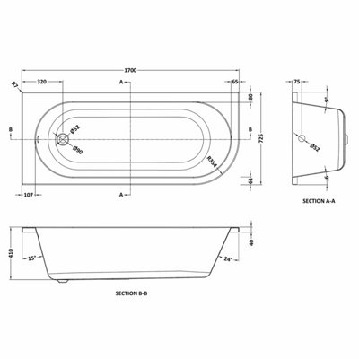 Kingsley Left Hand Back to Wall J Corner Bath with Leg Set (Taps, Waste and Panel Not Included) - 1700mm - Balterley