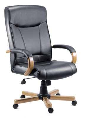 Kingston Executive Chair in Black Bonded Leather, with Light Wood Finish and Seat Height Adjustment and Tilt
