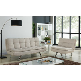 Kingston Padded Sofa Bed Fabric 3 Seater Padded Sofabed Suite Chrome Legs Cube Design New, Cream