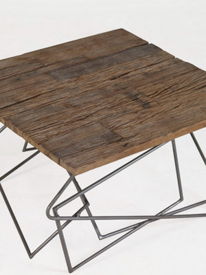 Kingwood Industrial Reclaimed Metal Base Geometric Wooden Top Square Coffee Table