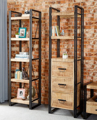 Kingwood Up-Cycled Industrial Mango Wood And Metal Narrow Open Bookcase